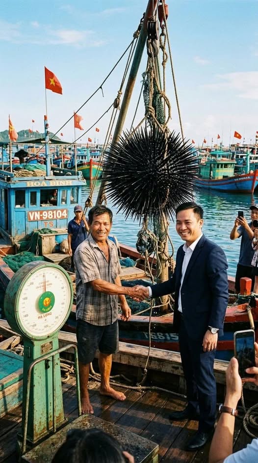 Về đến bờ, cả bãi biển v.ỡ tung. Dân làng ùa tới bu xem “con nhím biển khổng lồ”, người quay live, người chụp hình, người tung hô